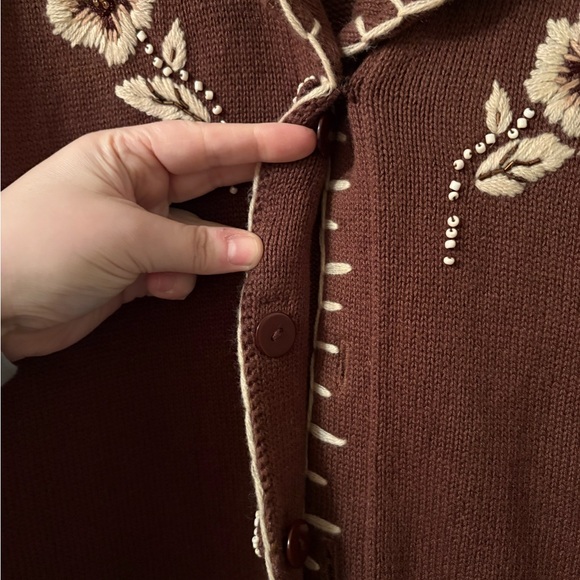 Storybook Knits Long Embroidered Floral Duster Cardigan Brown Women’s 2X - Picture 7 of 10